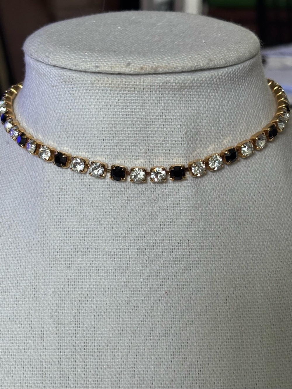 VTG Trifari Black & Clear Rhinestone Choker Necklace